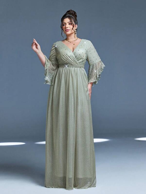 Mgiacy,New Arrival,Cross-Over Collar,Noble,Plus Size Evening Gown Dress,Heavy Stitching,Ruched,Belt,Flounce Sleeve,Long Dress