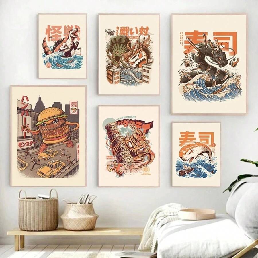1 PIEZA Pintura en lienzo con diseño de Kaijus japoneses, comida, sushi, ramen, Burgerzilla para decoración de cocina, sala, dormitorio y comedor. Póster vintage divertido, arte de pared moderno con opción de marco.
