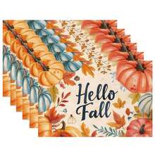 4/6 peças de caminho de mesa de Ação de Graças de outono, capa de mesa de poliéster reutilizável e lavável à máquina com abóbora, folha de bordo, girassol e design "Olá Outono" para decoração sazonal de jantar em casa