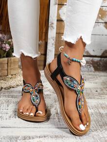 Women's Bohemian Style Casual Sandals, Summer New Fashion Beach Vacation Lightweight Soft Bottom Flip Flops - Black - View 4