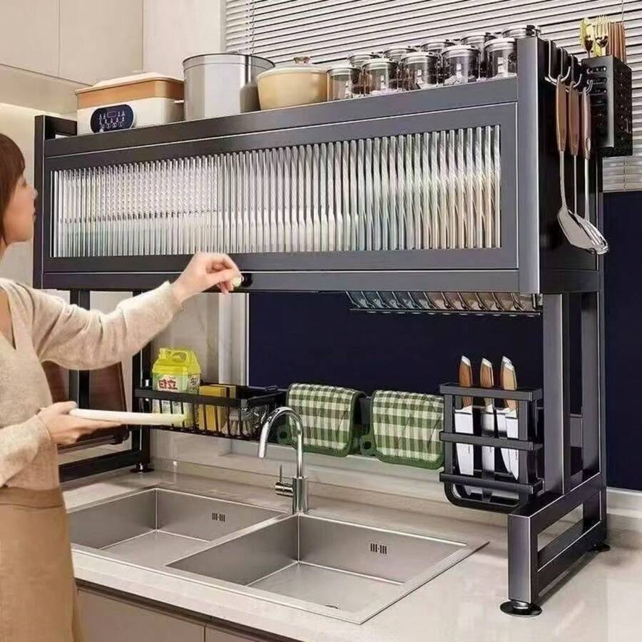 105cm Kitchen Dish Drainer Hanging Self-Supporting Modular Sink Rack Organizer Shelf Dust Cabinet Door - 65cm Black (set) - View 1