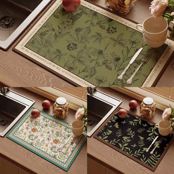 1pc Multipurpose American Floral Diatomite Drain Mat, Absorbent & Anti-Slip, Easy Clean, Rectangular, Suitable For Kitchen Countertop, Sink, Coffee Machine, Bathroom Vanity And More
