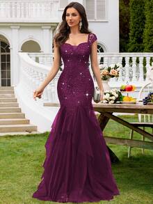 MIUSOL Sequin Floral Lace Sweetheart Neck Cap Sleeve Contrast Mesh Tiered Hem Evening Party Maxi Dress, Elegant Party Dress For Women, Formal Evening Gown, Prom Dress, For Wedding Guest, Graduation, Dinner, Valentine's Day - Maroon - View 5