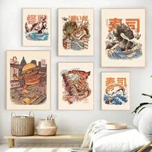 1 PIEZA Pintura en lienzo con diseño de Kaijus japoneses, comida, sushi, ramen, Burgerzilla para decoración de cocina, sala, dormitorio y comedor. Póster vintage divertido, arte de pared moderno con opción de marco.
