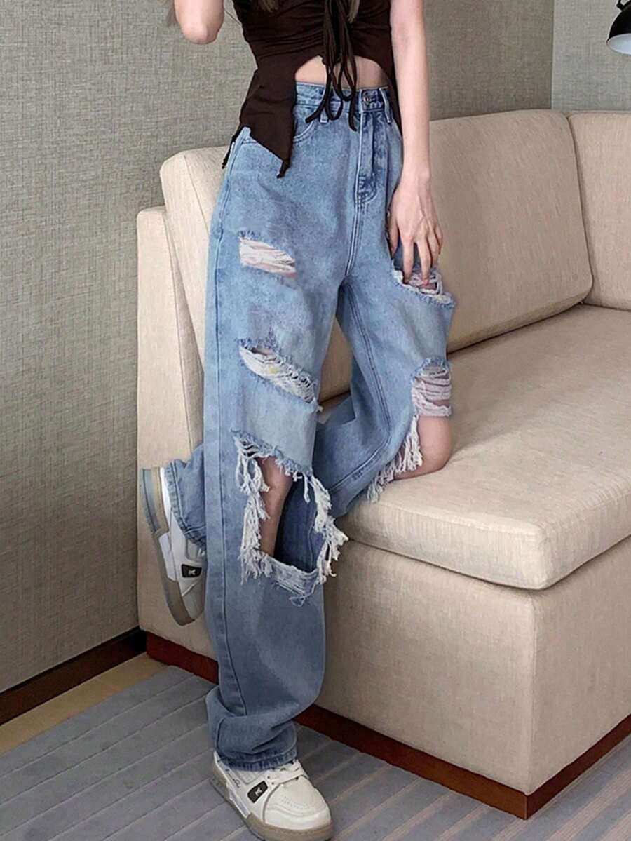 女式宽松直筒破洞口袋牛仔裤 - 中等水洗藍 - 查看 1