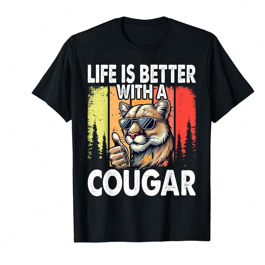 Life Is Better With A Cougar Funny Cougars T-Shirt]ET Gifts For Boyfriend - Black - View 1