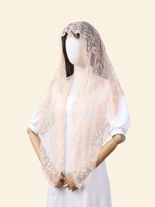 1 件佩斯利图案波西米亚涤纶蕾丝边头纱，黑色和白色，新娘头饰，四季皆宜