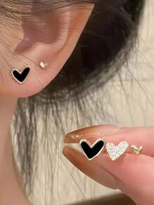 3pcs Set Heart Shaped Earrings, Cute & Minimalist Jewelry Set For Girls, Versatile Design - Black - View 1