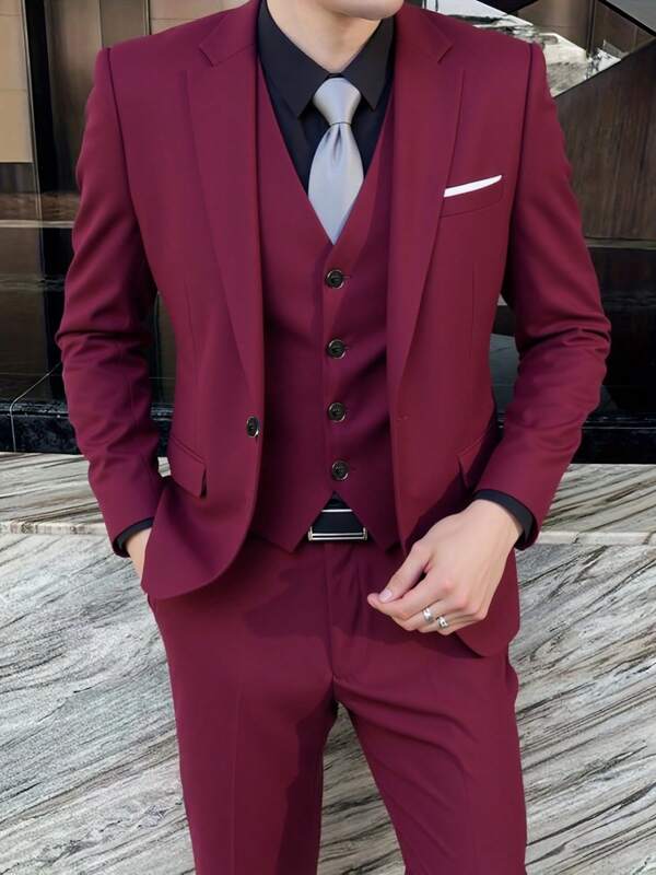 Men's Business Suit 3pcs Male Slim Fit Solid Color Groom's Wedding Dress Men's Luxury Office Tuxedo Casual Fashion 1-Button Blazers Jackets Vest Trousers