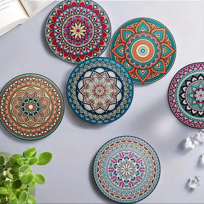 1 套/4 件/6 件活力曼陀罗杯垫套装，彩色隔热垫，可洗餐垫，防烫防滑桌垫，汽车杯垫，适合家庭、咖啡厅、办公室、厨房、下午茶时间、主题派对装饰，精美礼品