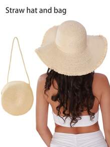 1pc Grass Edge Banding Women Solid Boho Straw Hat For Vacation Fashionable Women's Spring/Summer Beach Hat With Wide Brim, Sun Protection, And Personalized Woven Straw Hat For Travel And Vacation Bow