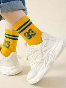 5 双儿童透气网眼运动袜，条纹和数字设计中筒袜，适合学生返校/休闲日常穿着，四季皆宜