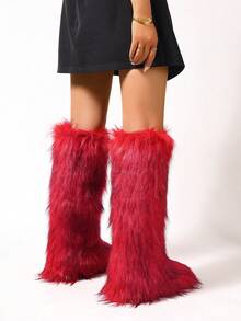 Women Faux Fur Boots, Solid Color Cute & Sexy Fabric Faux Fur Panel Design Fluffy Boots For Outdoor, Party, Holiday, Spring, Autumn, Winter