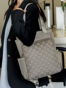 女士纯色多功能大容量背包，休闲简约学生背包，学院风简约单肩包，手提包，多功能背包，适合学校、大学、中学、高中、通勤、办公等场合 - 卡其色 - 查看 3