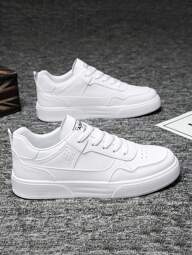Zapatos de skate con cordones blancos puros y sencillos para hombres, zapatos blancos casuales de verano, zapatillas de moda versátiles para uso diario y caminar en pareja [Talla un número talla grande]