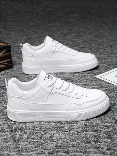 Zapatos de skate con cordones blancos puros y sencillos para hombres, zapatos blancos casuales de verano, zapatillas de moda versátiles para uso diario y caminar en pareja [Talla un número talla grande]