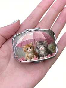 1 pieza Caja de metal para pastillas con 2 compartimentos y diseño de gatito bajo un paraguas, caja de pastillas portátil y mini para viaje o uso diario