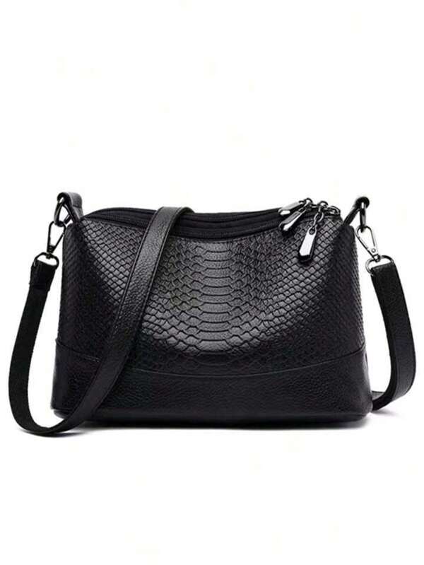 1pc Women Crocodile Pattern Crossbody Bag, Large Capacity Multi-Layer Work & Commuter Bag, Black