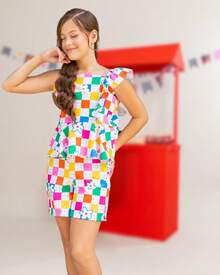 Conjunto Bella Xadrez Quadriculado Infantil Juvenil, Roupa Menina tam. 4, 6, 8, 10, 12, 14 fresco e leve Festa Junina - Azul e Branco - Visão 1