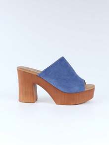 女士木纹厚底人字拖，休闲夏季粗跟方头凉鞋，时尚穆勒鞋 - 藍色SO8610 - 查看 5