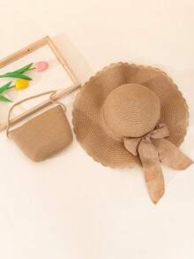 2 件套女士卡其色海滩波浪太阳帽和斜挎草编手提包套装，适合旅行和度假 - 卡其色 - 查看 2
