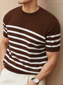 Tricou tricotat cu dungi și guler rotund, simplu și la modă, casual, de zi cu zi