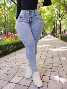 Pantalon jeans sin bolsas de mezclilla estilo skinny stretch  para dama mujer ajustado push up cintura alta corte colombiano - Azul barrido grisaseo muy claro - Ver 2