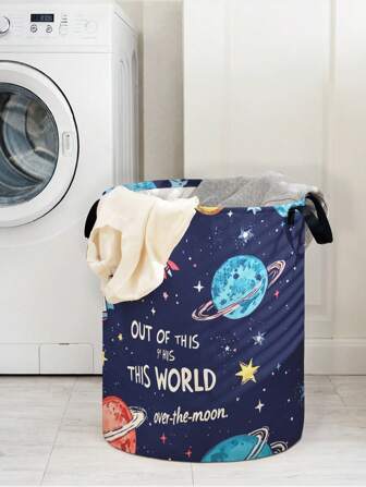 1 件卡通星球图案大容量可折叠圆形收纳篮带手柄，多用途用于浴室、房间、洗衣房、脏衣服、玩具整理、可折叠储物箱、洗衣篮、篮子