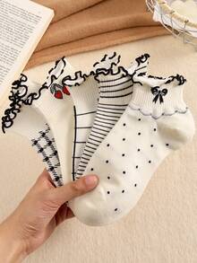 4 Pairs Black And White Women Ruffle Trim Ankle Socks With Patterns: Cherry, Bow, Stripe, Plaid, Heart, Elegant Socks Suitable For Spring And Summer - Multicolor - View 10