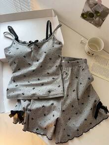 女士吊带背心睡衣，夏季新款带蝴蝶结蕾丝边的加垫吊带背心家居服 - 灰色 - 查看 7