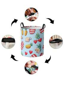 1pc Pineapple Heart Pattern Printed Large Capacity Foldable Round Storage Basket, With Handle, Multi-Purpose Storage Basket For Bathroom, Room, Laundry, Toys, Baby Items, Collapsible Dirty Clothes Hamper Laundry Basket,Basket