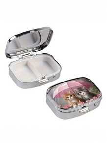 1 pieza Caja de metal para pastillas con 2 compartimentos y diseño de gatito bajo un paraguas, caja de pastillas portátil y mini para viaje o uso diario