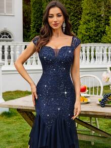 MIUSOL 亮片花卉蕾丝甜心领短袖撞色网纱层叠下摆晚宴派对长裙，优雅女士派对礼服，正式晚礼服，舞会礼服，适合婚礼宾客、毕业典礼、晚宴、情人节等场合。 - 藏蓝色 - 查看 10