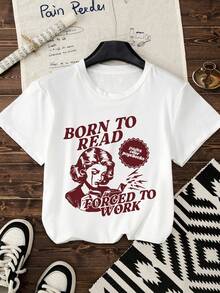 读书日女装夏季卡通女字母书本图案印花休闲圆领短袖T恤上衣夏装 - 白色 - 查看 1