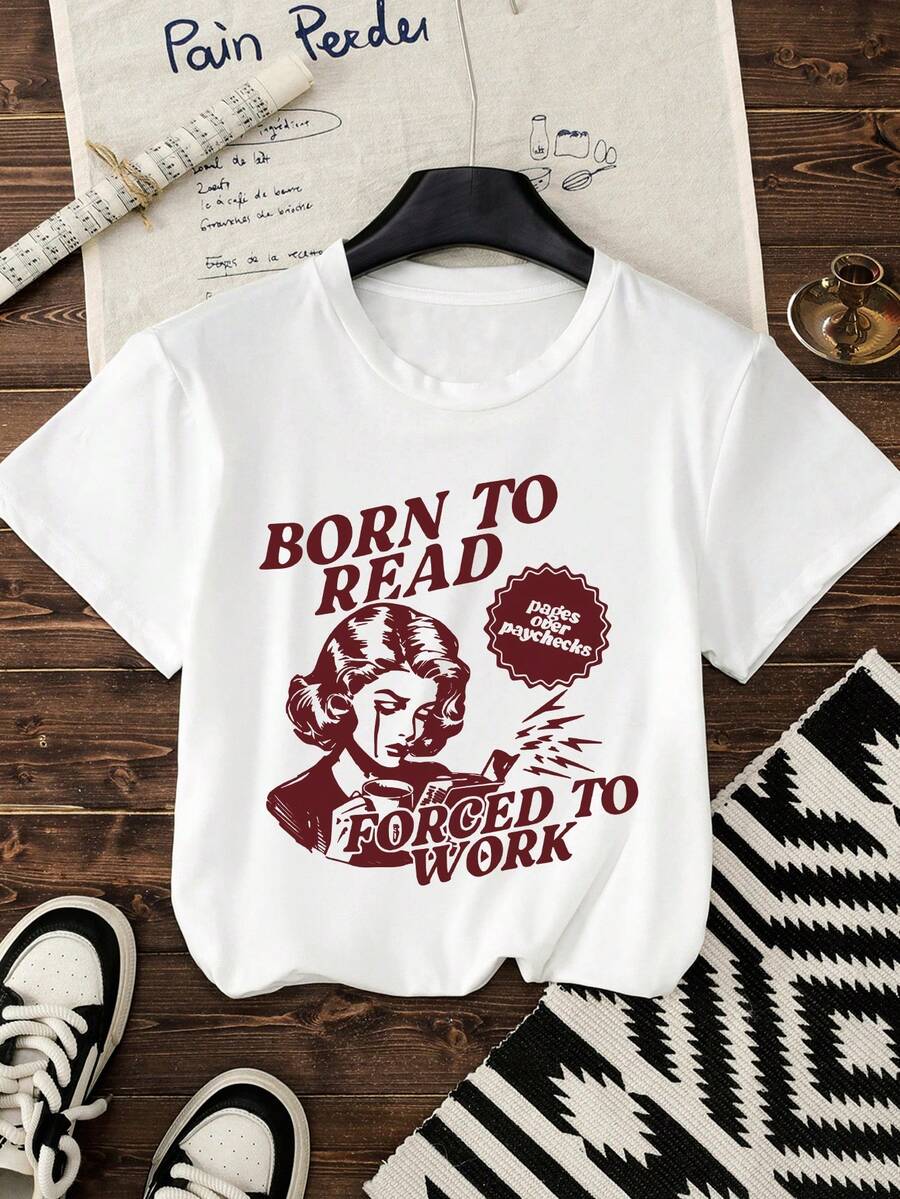 读书日女装夏季卡通女字母书本图案印花休闲圆领短袖T恤上衣夏装 - 白色 - 查看 1