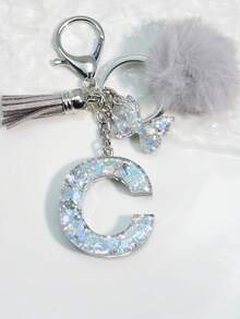 1 件首字母银色闪光钥匙扣，树脂滴蝴蝶吊坠，包/车装饰，男女通用礼物汽车配件包魅力学校可爱哥特 Y2k - 銀色 - 查看 26