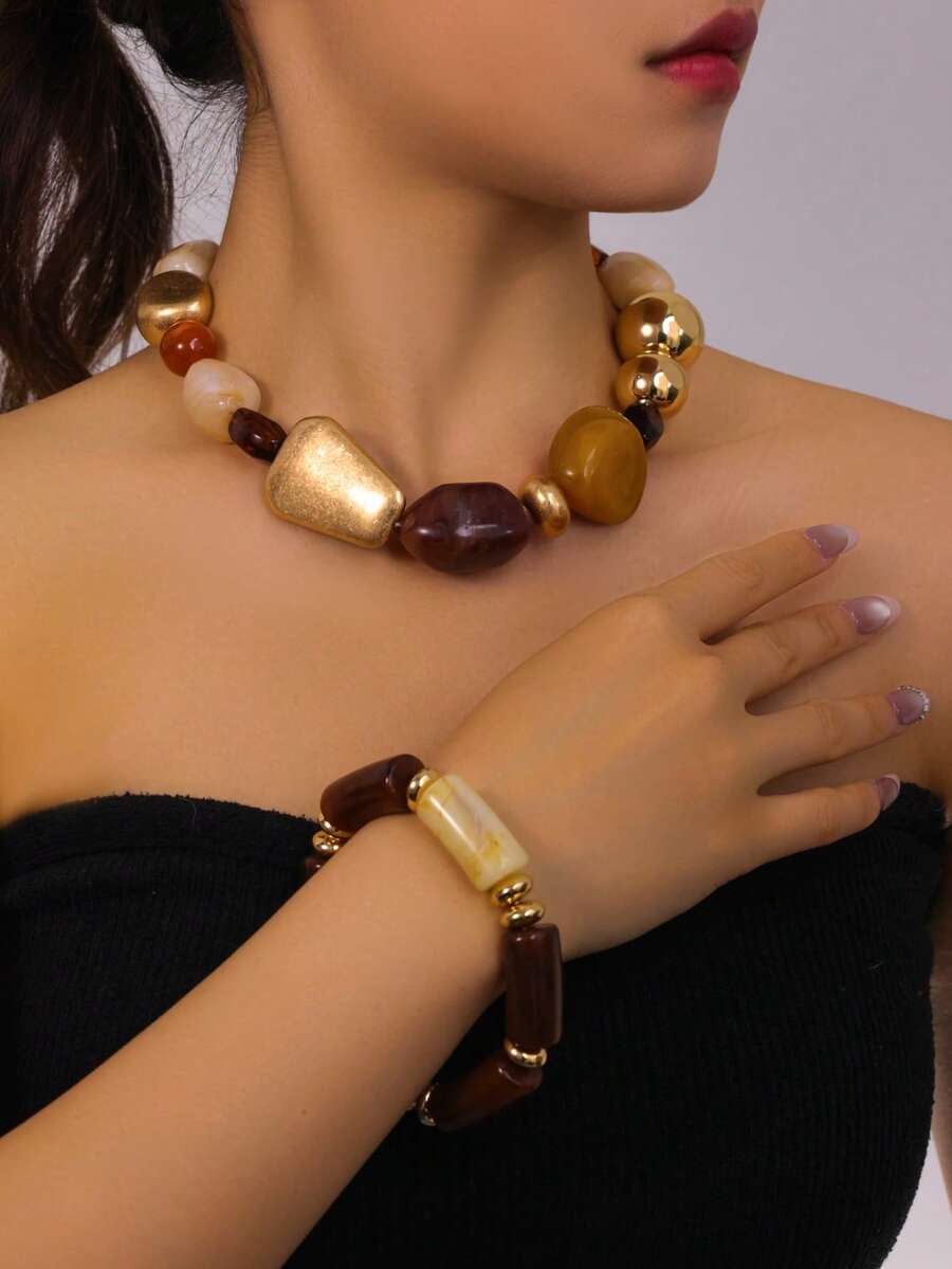 2 件复古波西米亚风厚多层棕色亚克力串珠项链和手链套装，奢华高端，适合女性、情侣、派对和日常佩戴