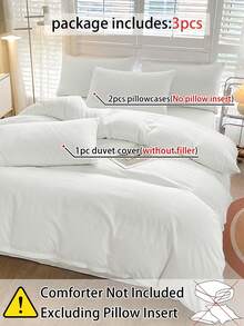 3pcs 100% Polyester Solid Color Lightweight Breathable Duvet Cover Set (1 Duvet Cover And 2 Pillow Shams), Modern Polyester Bedding Set Suitable For All Seasons - White - View 2