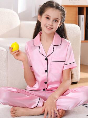 2pcs/Set Tween Girl Girls Pajama Set, Short Sleeve Top And Long Pants, Cute Solid Color Sleepwear, Spring/Summer
