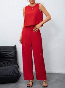 2 Stücke Frühling/Sommer 2025 Europäischer und Amerikanischer Mode Damen einfarbiges minimalistisches Pendler-Set, Rundhals-ärmelloses Crop Top kombiniert mit hochbundigem weitem Beinhose mit Taschen