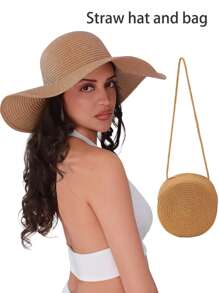 1pc Grass Edge Banding Women Solid Boho Straw Hat For Vacation Fashionable Women's Spring/Summer Beach Hat With Wide Brim, Sun Protection, And Personalized Woven Straw Hat For Travel And Vacation Bow