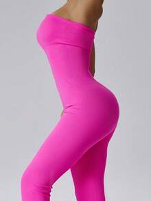 Seamless Flare Jumpsuit Women Slimming Yoga Activewear Tube Top Bodysuit High Waist Tummy Control Gym Workout Wear Stretchable Outdoor Sportswear Casual Body Shaper Breathable Fitness Apparel - 玫紅色 - 查看 4