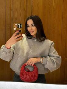 女式宽松米色立领飞行员夹克长袖休闲外套带口袋和前纽扣春秋季外套