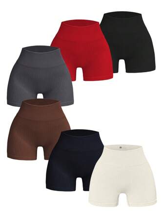 6 Pack Women Solid Color High Waist Elastic Athletic Shorts, Versatile For Outdoor Activities, Vacation & Gym