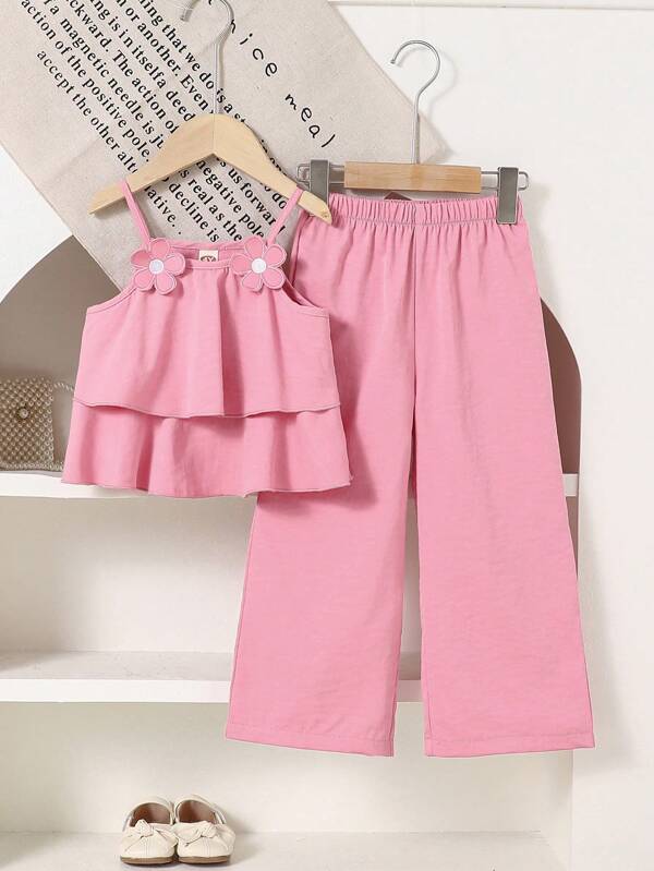 2 pezzi/set Top senza maniche floreale e pantaloni a gamba larga per ragazze, outfit casual per tutti i giorni e per le vacanze