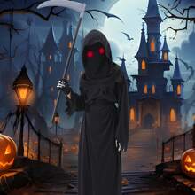 LOVE PARTY Halloween Horror Red Eye Grim Reaper Costume, Sickle Ghoul Dark Messenger Ghost Cosplay Outfit Set