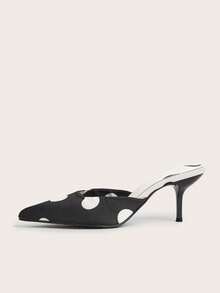 Fall/Winter Minimalist Elegant Black Polka Dot Pointy Toe Backless Stiletto High Heels, Commuting Style,Elegant,Kitten Heels,Mule,Party - Black and White - View 3