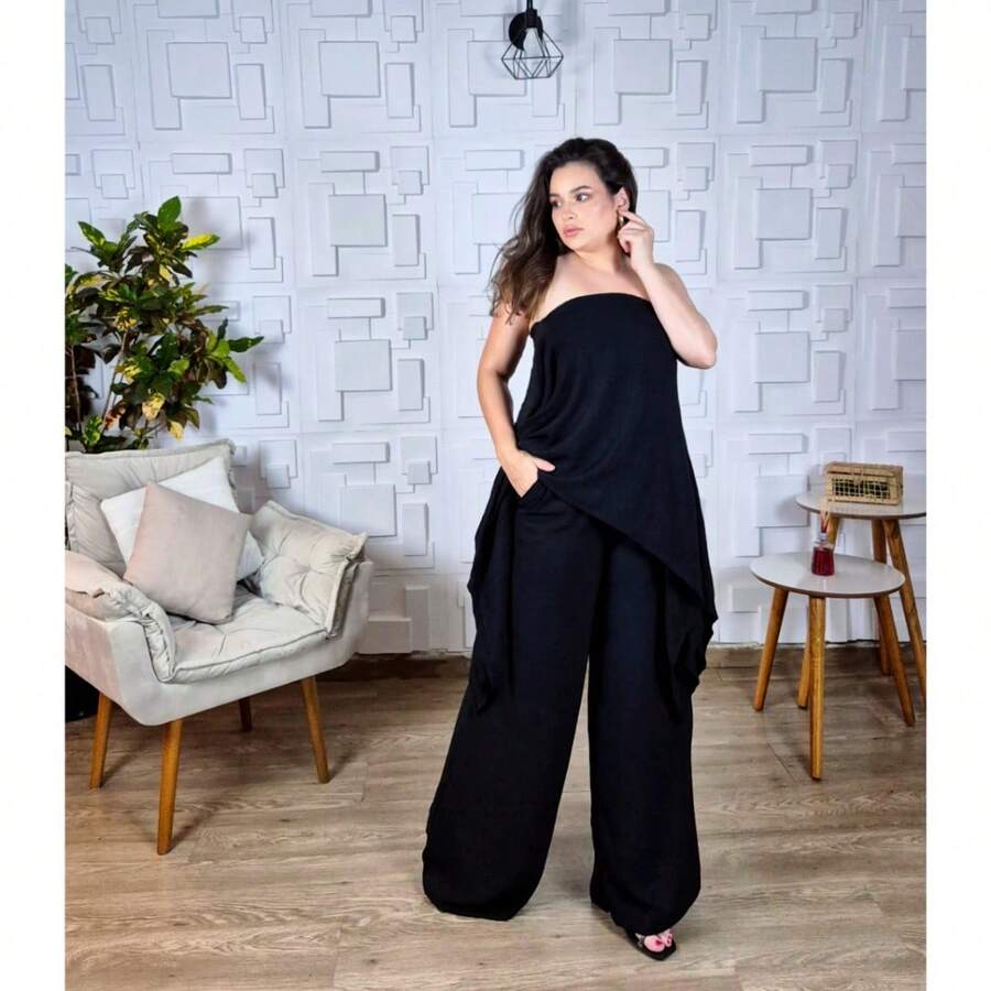 Conjunto 3 Peças Calça Blusa Capa e Top Tomara Que Caia Elegante Preto Social Várias Formas de Usar