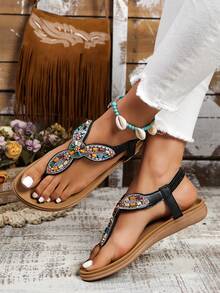 Women's Bohemian Style Casual Sandals, Summer New Fashion Beach Vacation Lightweight Soft Bottom Flip Flops - Black - View 3