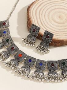 3pcs/Set Elegant Boho Style Rhinestone Jewelry Set, Includes Necklace Pendant & Jhumka Earrings, Traditional Accessories, Suitable For Women's Daily Wear, Festivals, Weddings And Parties/Jewelry Gift